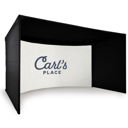 Carl's curved golf simulator enclosure with Carl's Place logo