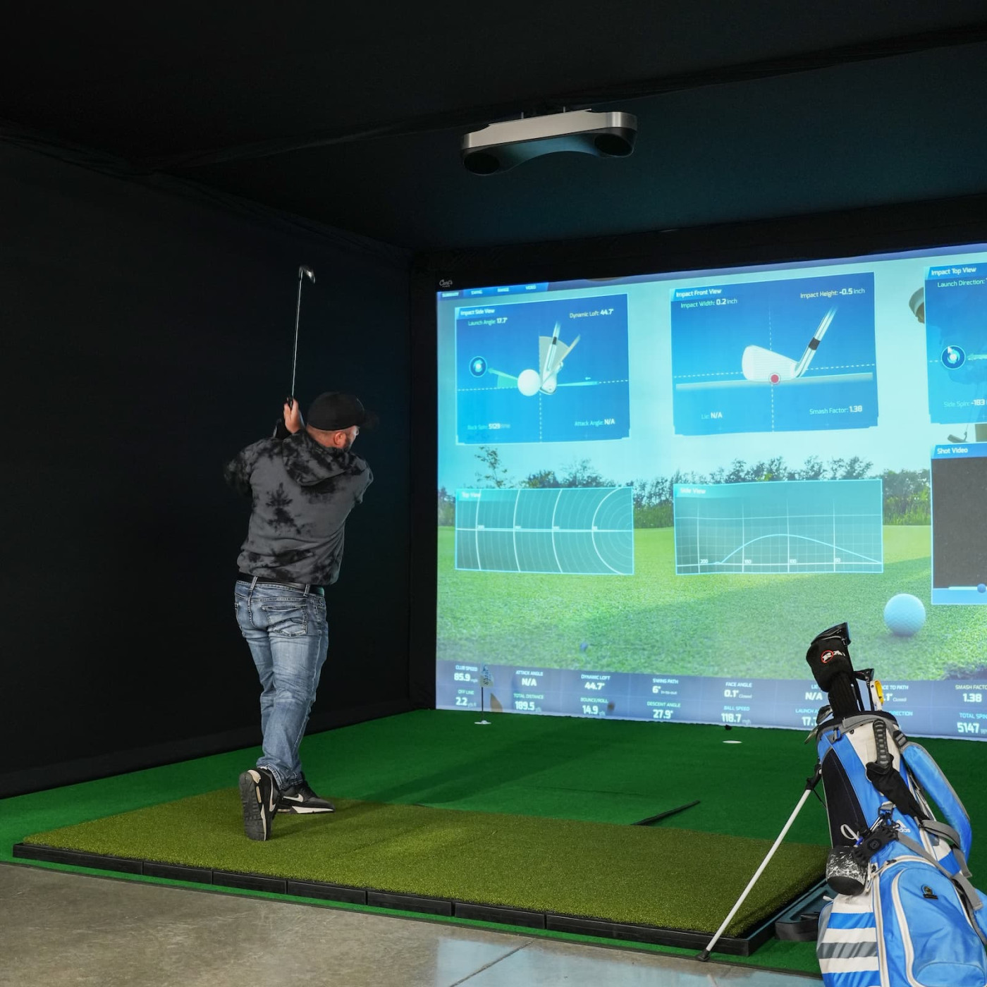 Crossbar to mount electronics for golf simulator setup