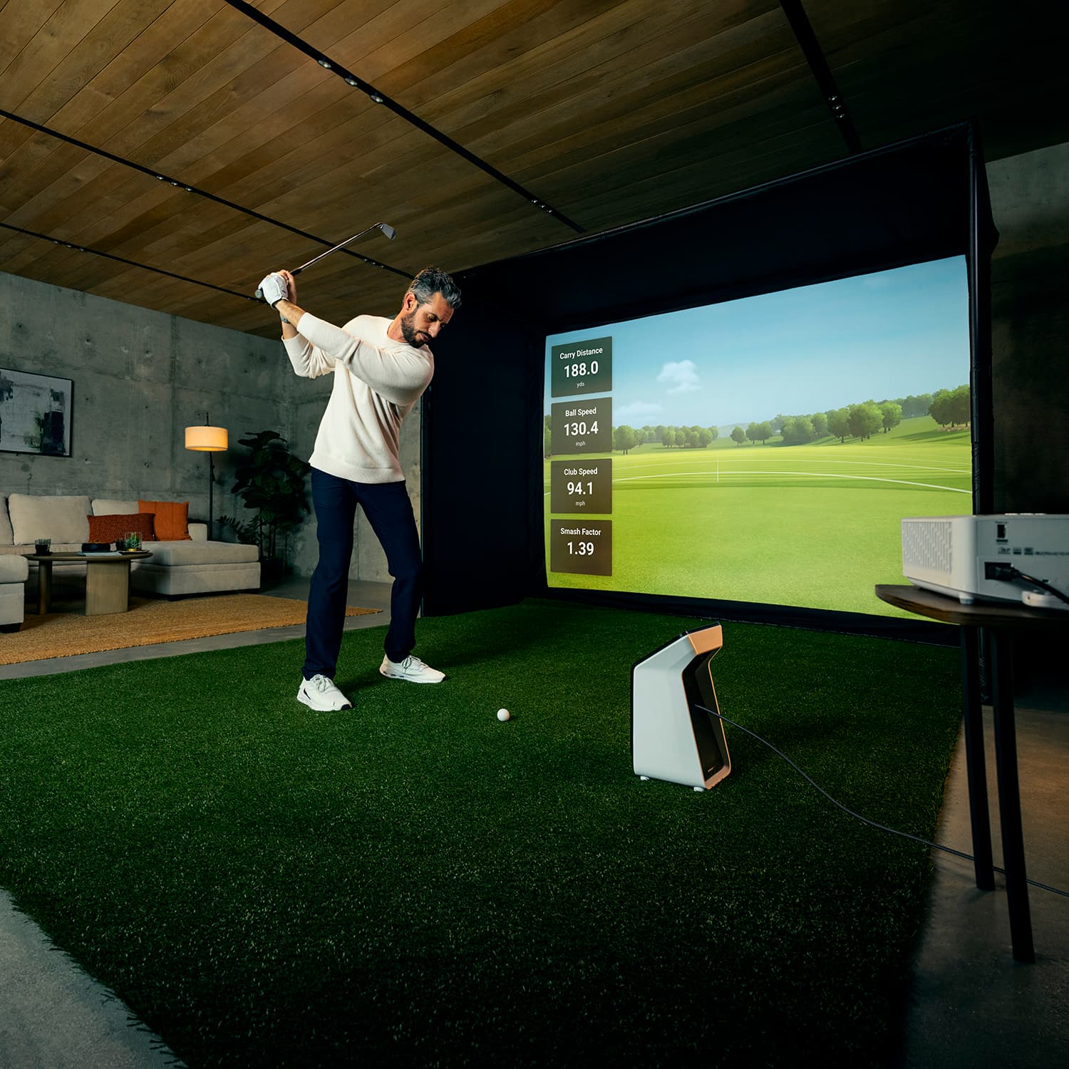 Garmin r50 in use inside golf simulator