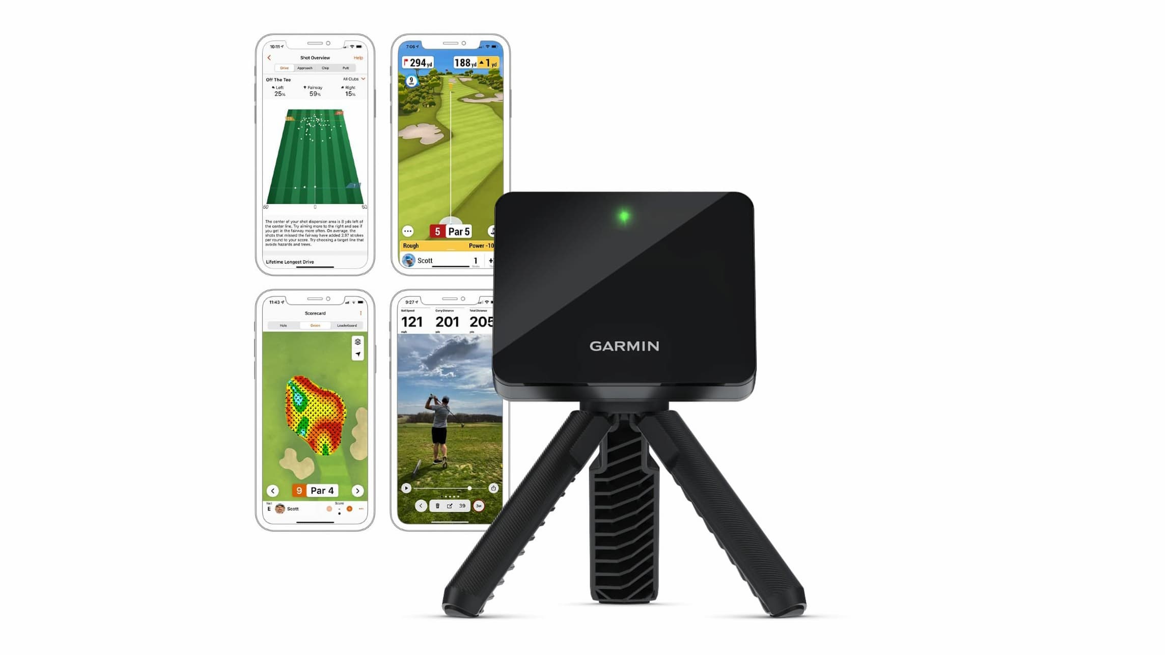 Garmin R10 launch monitor with mobile screenshots