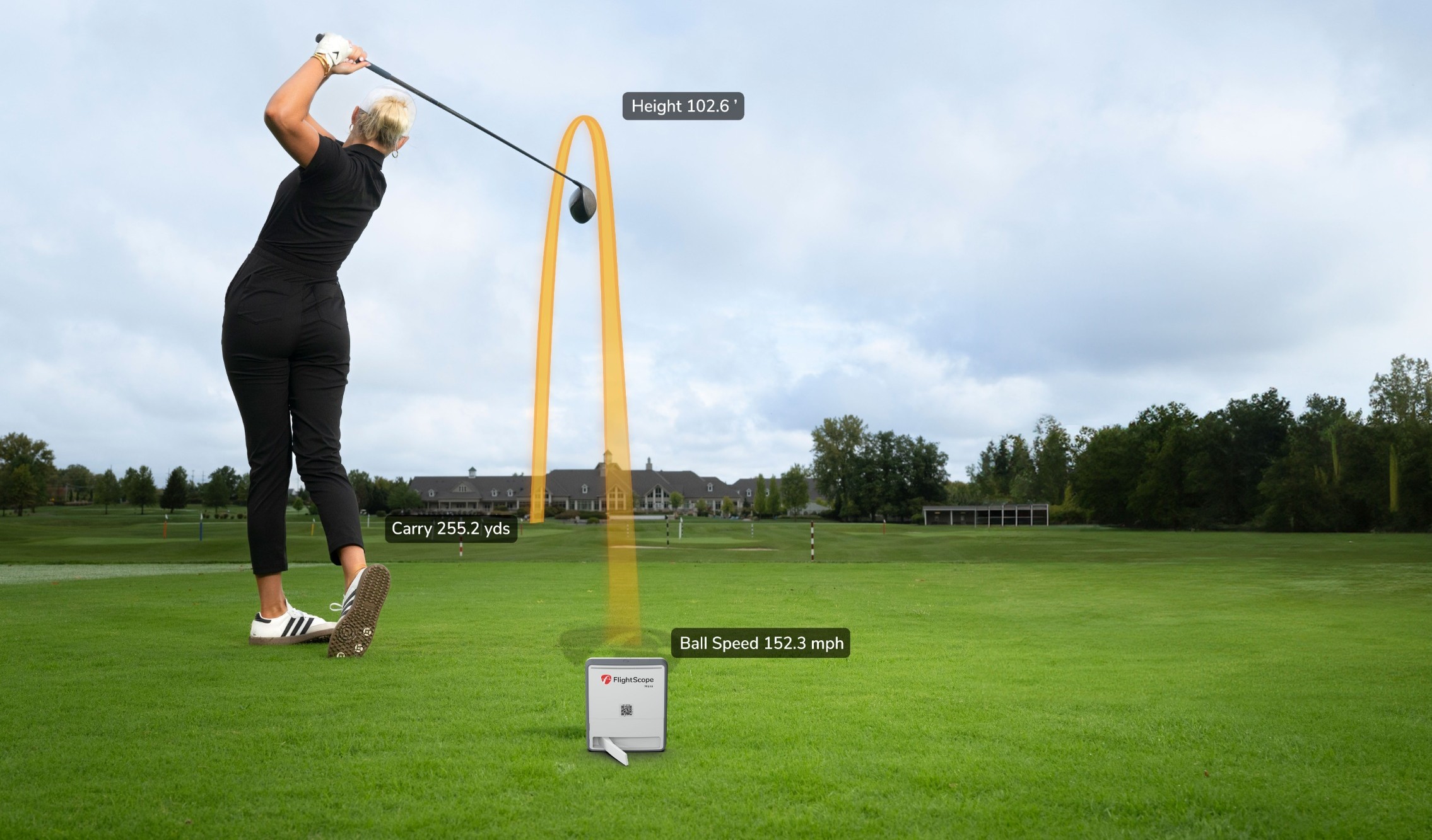 Mevo Gen2 shot tracer with golfer outside