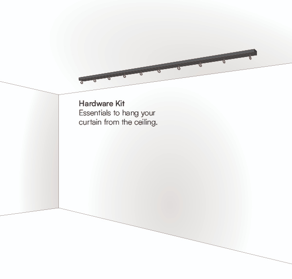 Hardware kit for mounting golf room curtain to ceiling