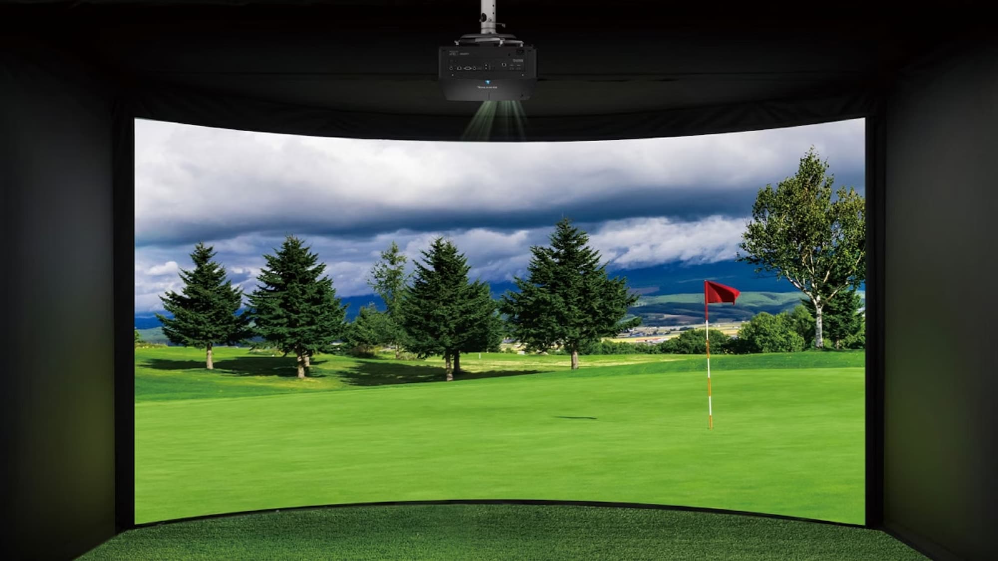 Golf enclosure curved screen with projector