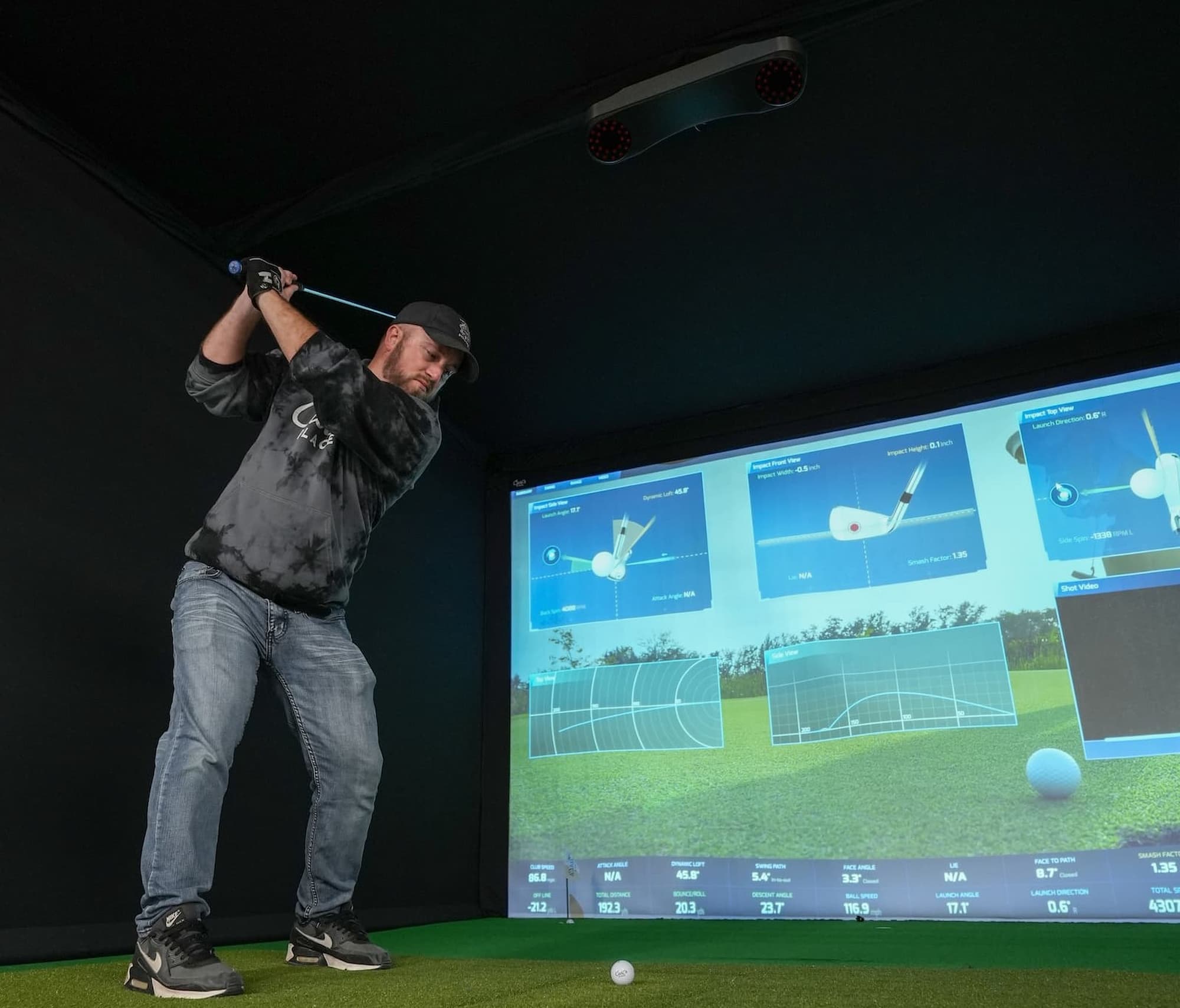Golfer in DIY Enclosure using ProTee VX Launch Monitor