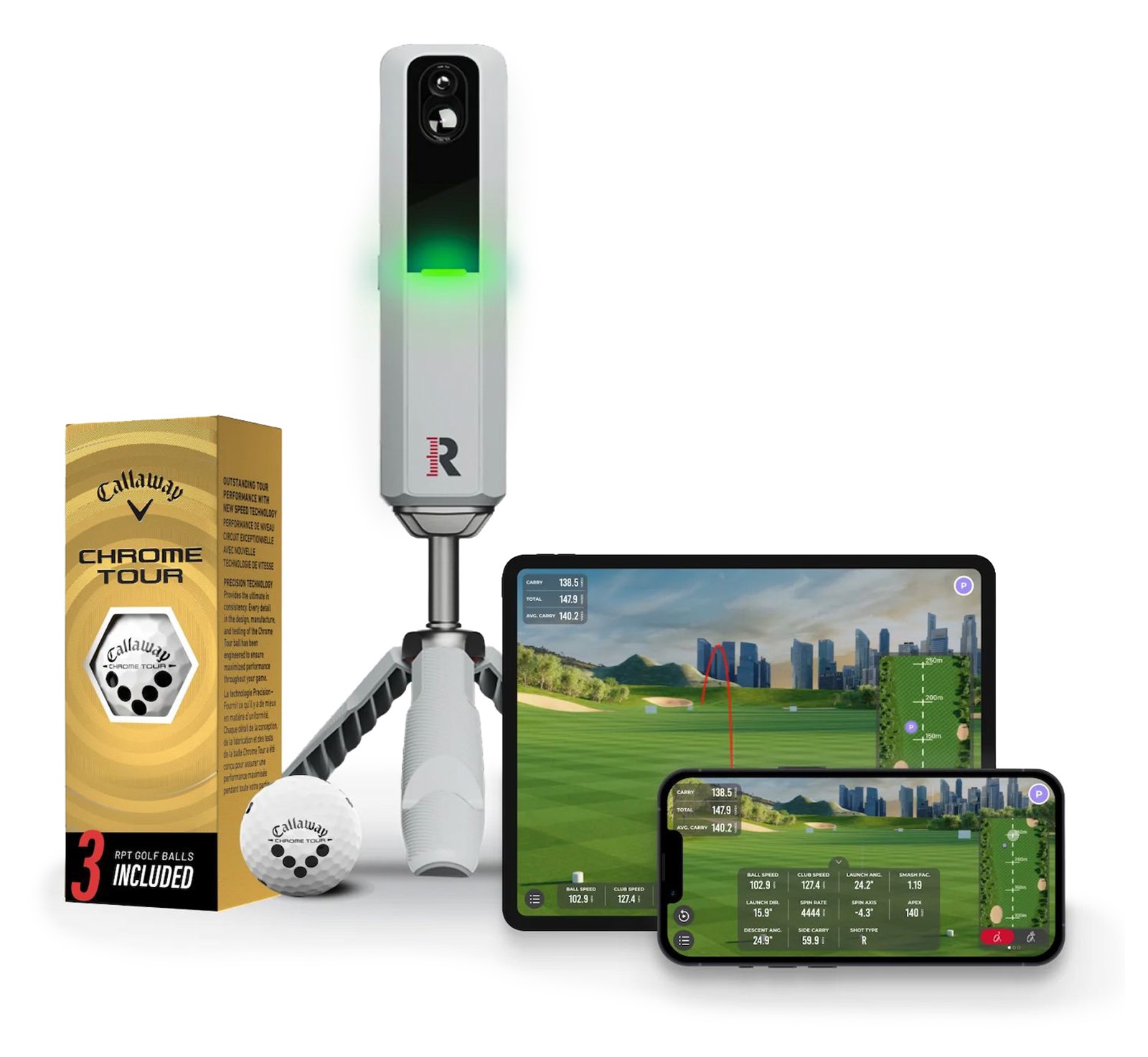 Rapsodo MLM2PRO with screenshot of courses and Callaway balls
